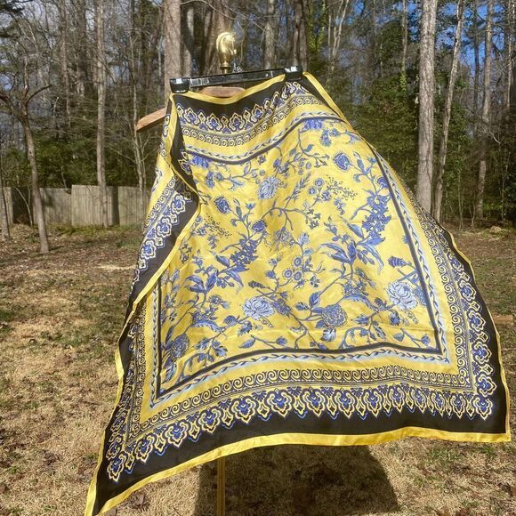 Talbots Satin Yellow Blue Vintage Floral Square Scarf - Picture 2 of 6